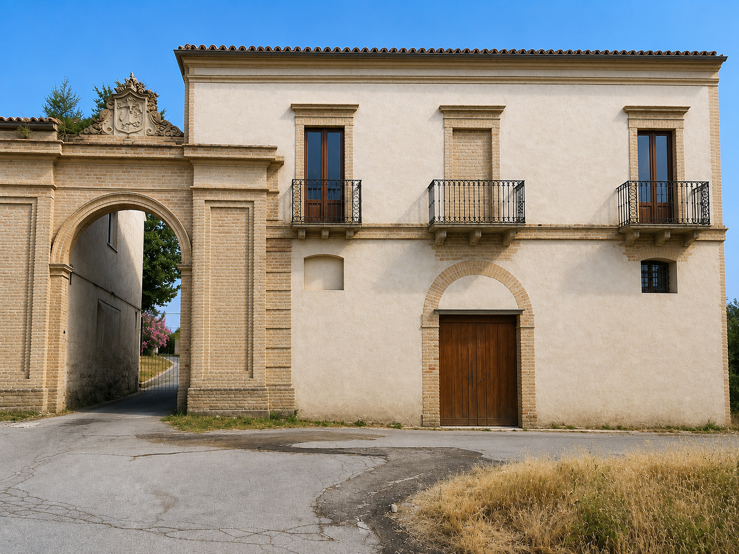 Restoration visualisation for the same large historic building: the gateway, massing and balconies remain, while render, brickwork, openings and entrance are presented as repaired.