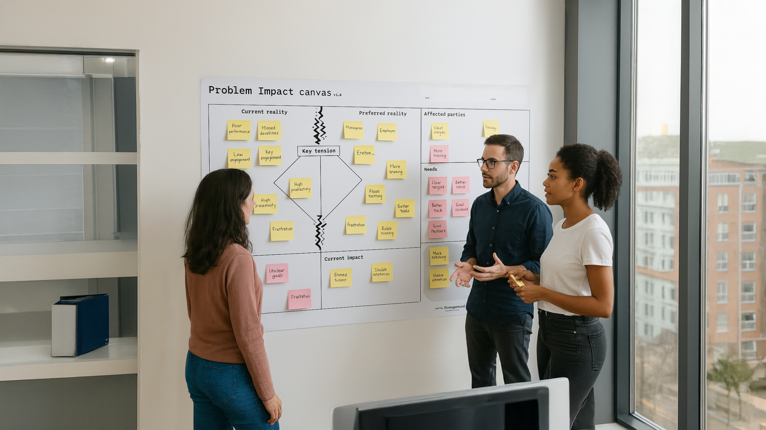 People using the Problem Impact Canvas on a wall with sticky notes during a collaborative framing session.